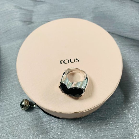 TOUS Ring Big Silver TOUS Color Ring with faceted onyx Women Jewelry 56# - Picture 4 of 13
